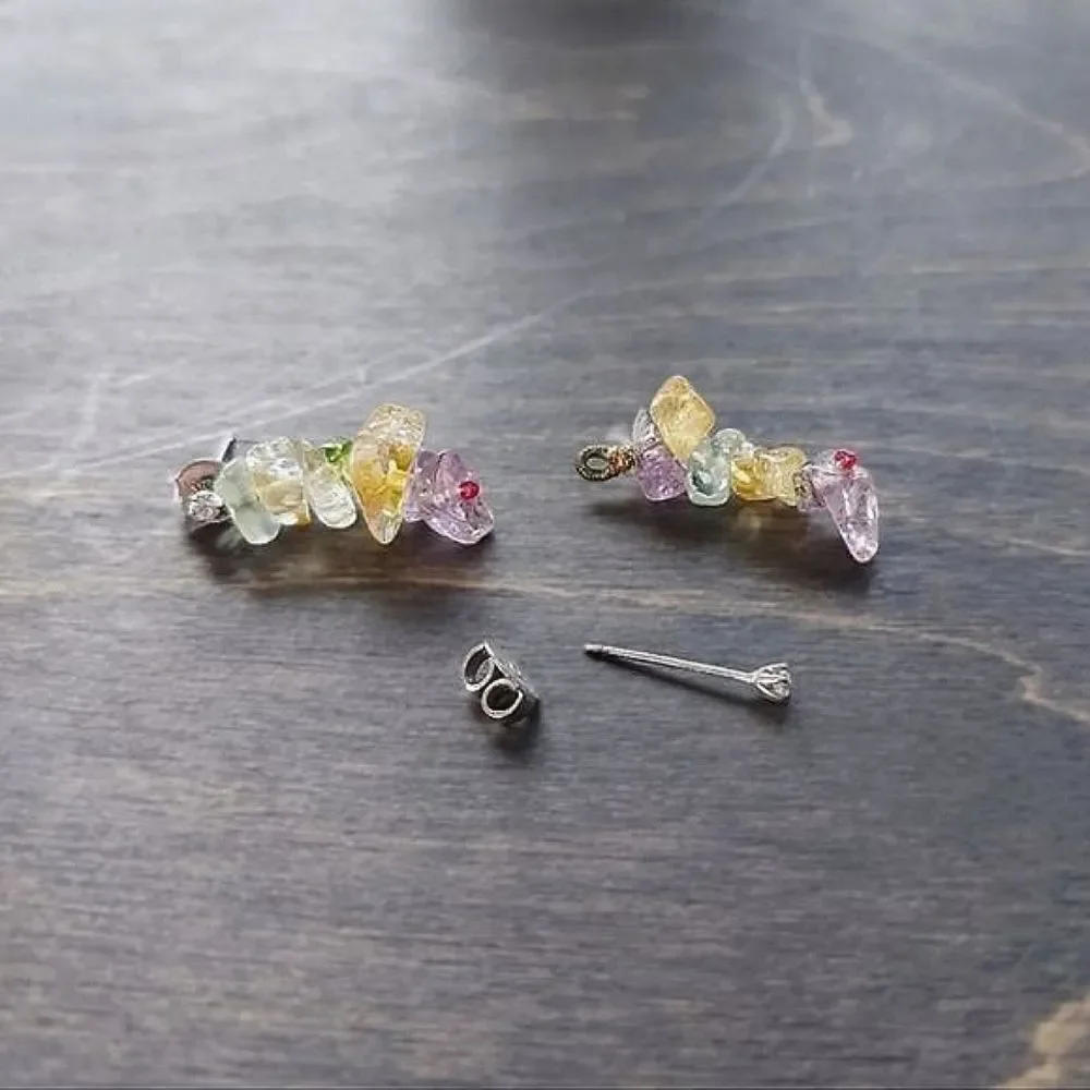 Vtg mixed gemstone rainbow drop earrings - Picture 3 of 7